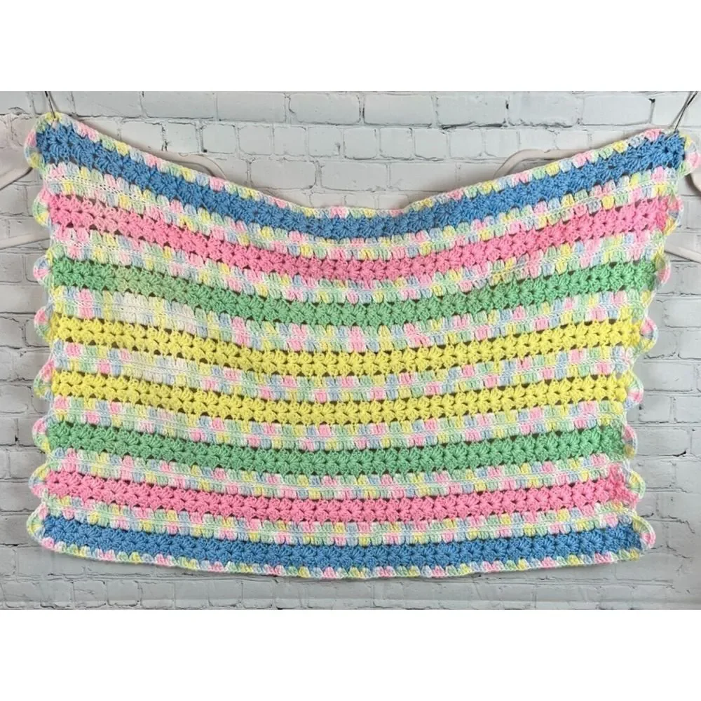 Handmade Multicolor White Acrylic Crochet Knit Afghan Blanket Granny 39